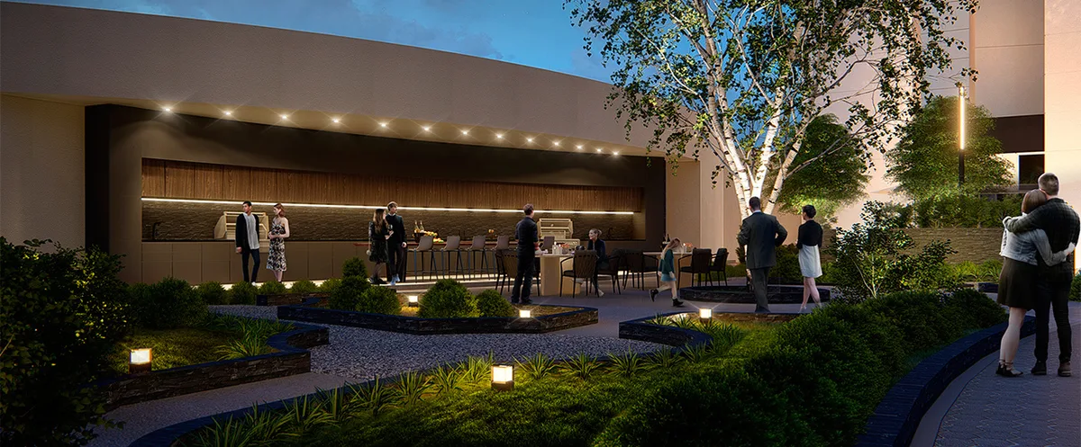 Render de area exterior con asadores y jardines en Saqqara